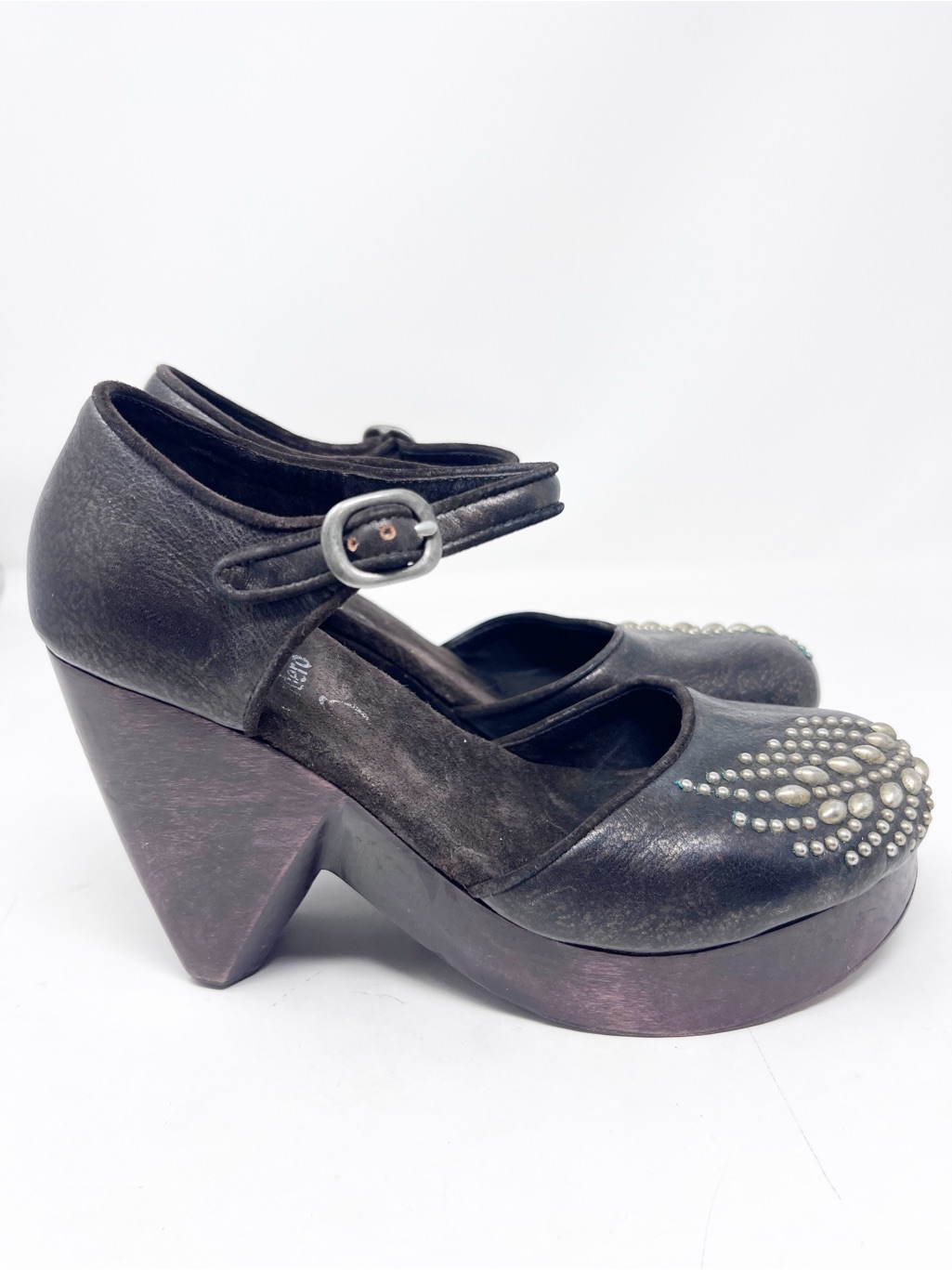 Calleen Cordero Brown Leather Studded Roind Toe Wooden Platform Clogs Shoes Sz 8